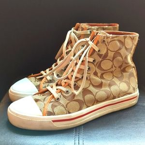Coach Tan Signature High-Top Sneakers — Tan/White